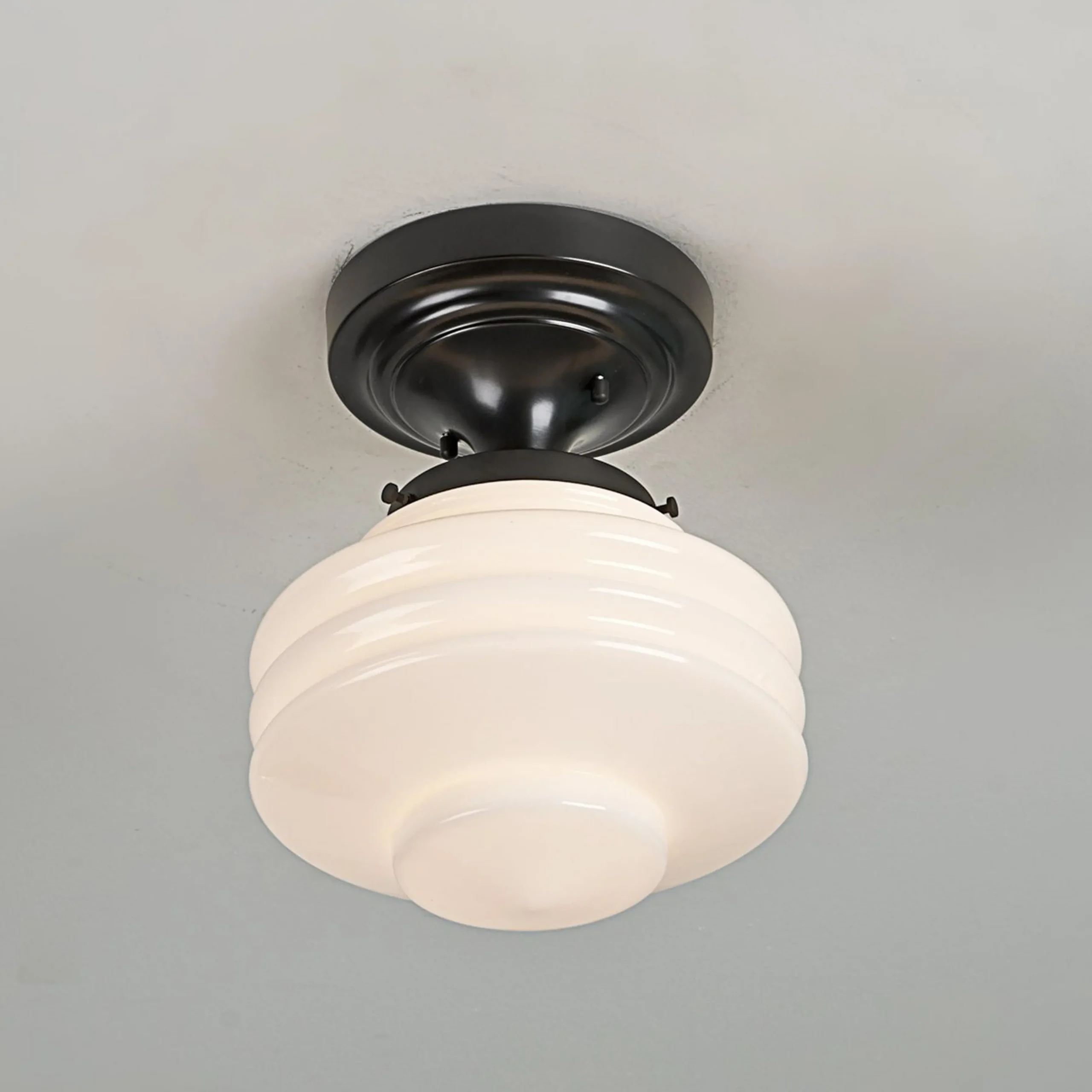 Art Deco White Glass Semi-Flush Ceiling Light