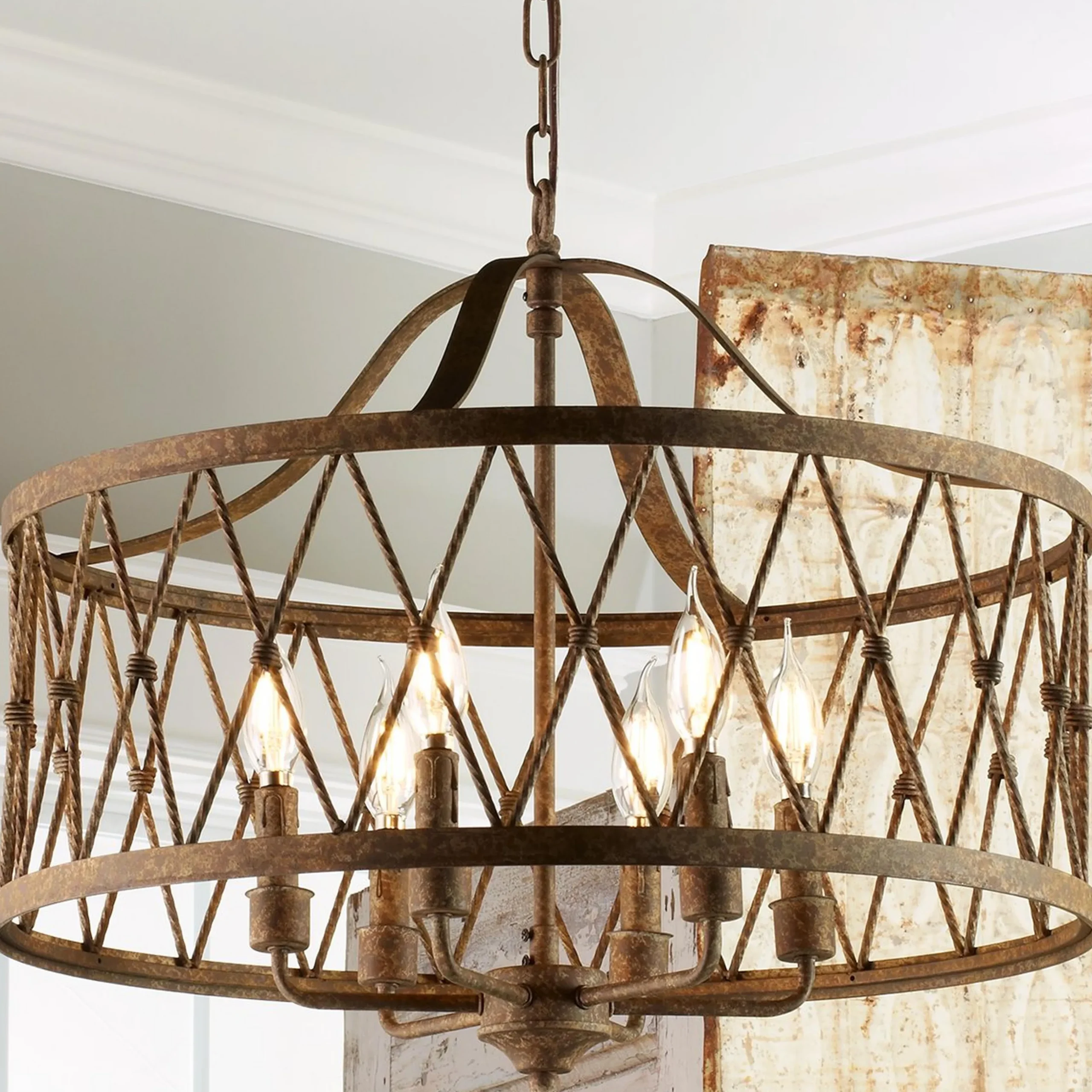Faded Rustic Drum Cage Chandelier - 6 Light