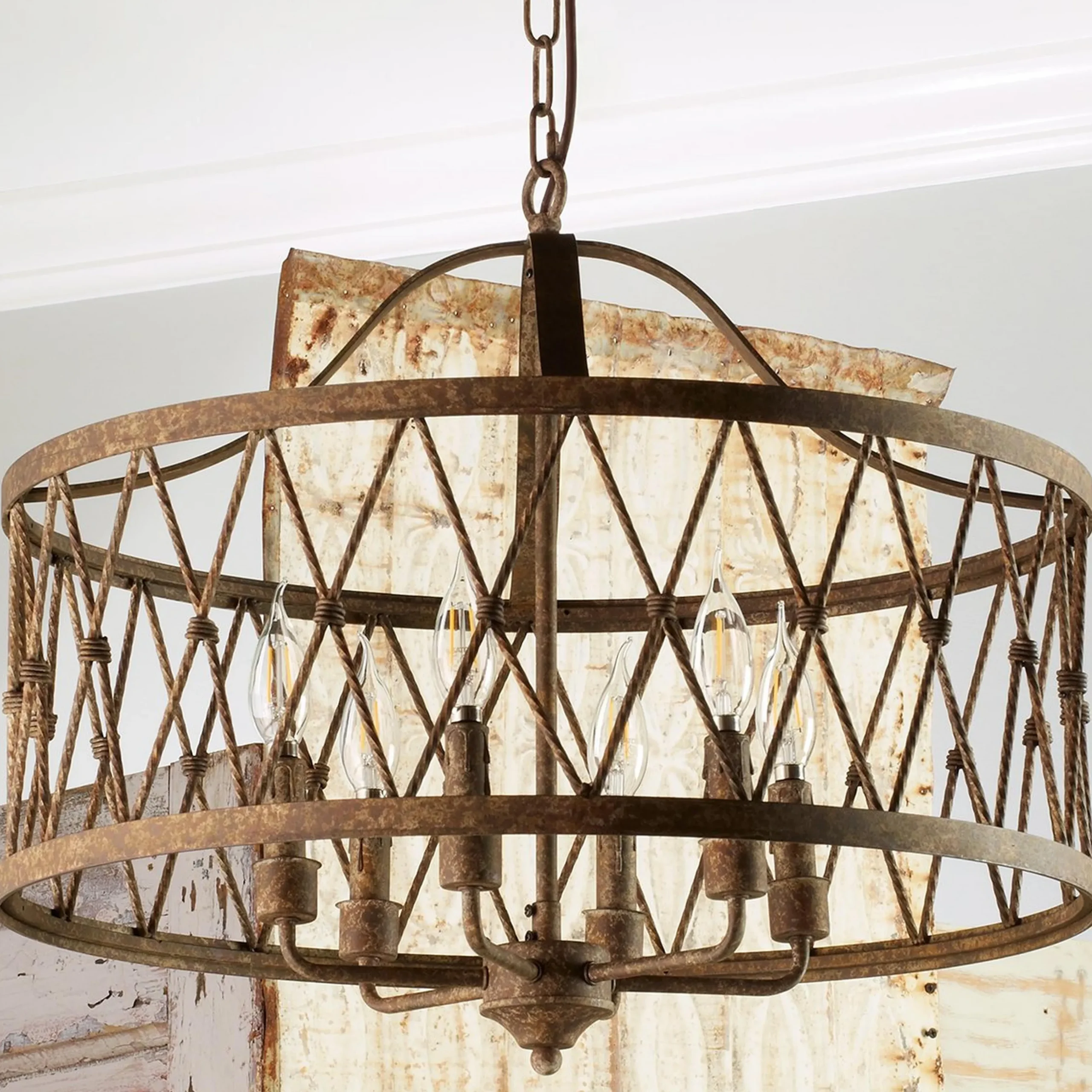 Faded Rustic Drum Cage Chandelier - 6 Light